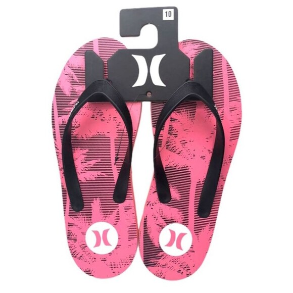 Hurley Flip-Flops  Men's Size 10  NWOT  Palm Tree Print Sandals  Black / Pink - Picture 1 of 2